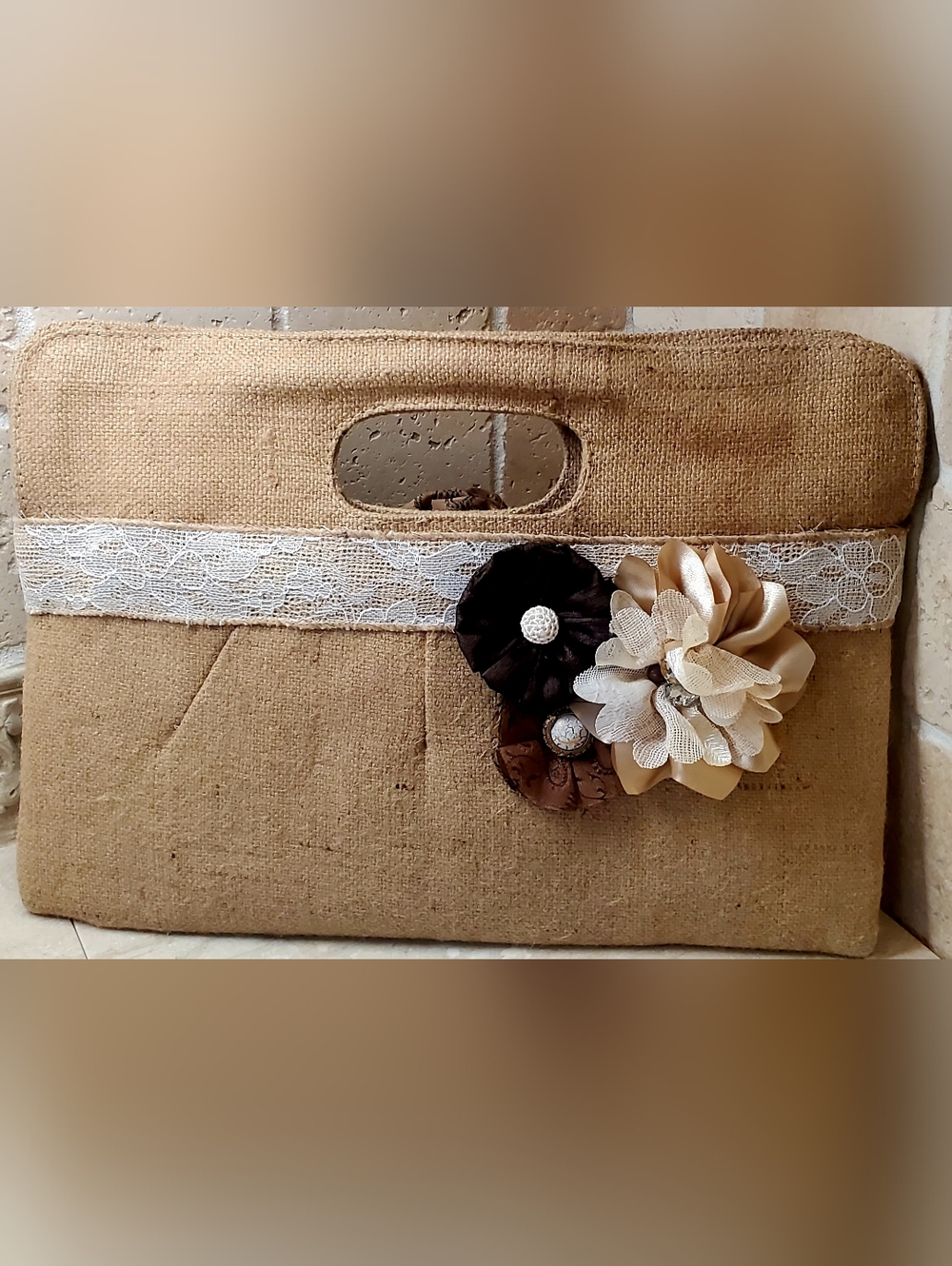 Neutral Burlap Clutch with Lace & Floral Detail 10"x14"